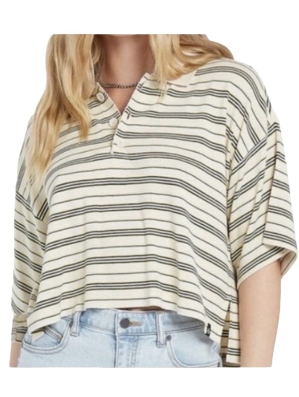 Volcom Polo Shirt Cropped Oversized Striped Top Women's Size Medium